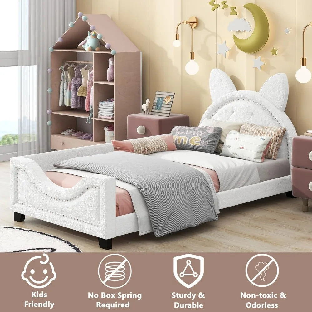 Twin Daybed with Headboard and Footboard, Velvet Kids Daybed Twin Size, Twin Daybed with Rabbit Ears Headboard