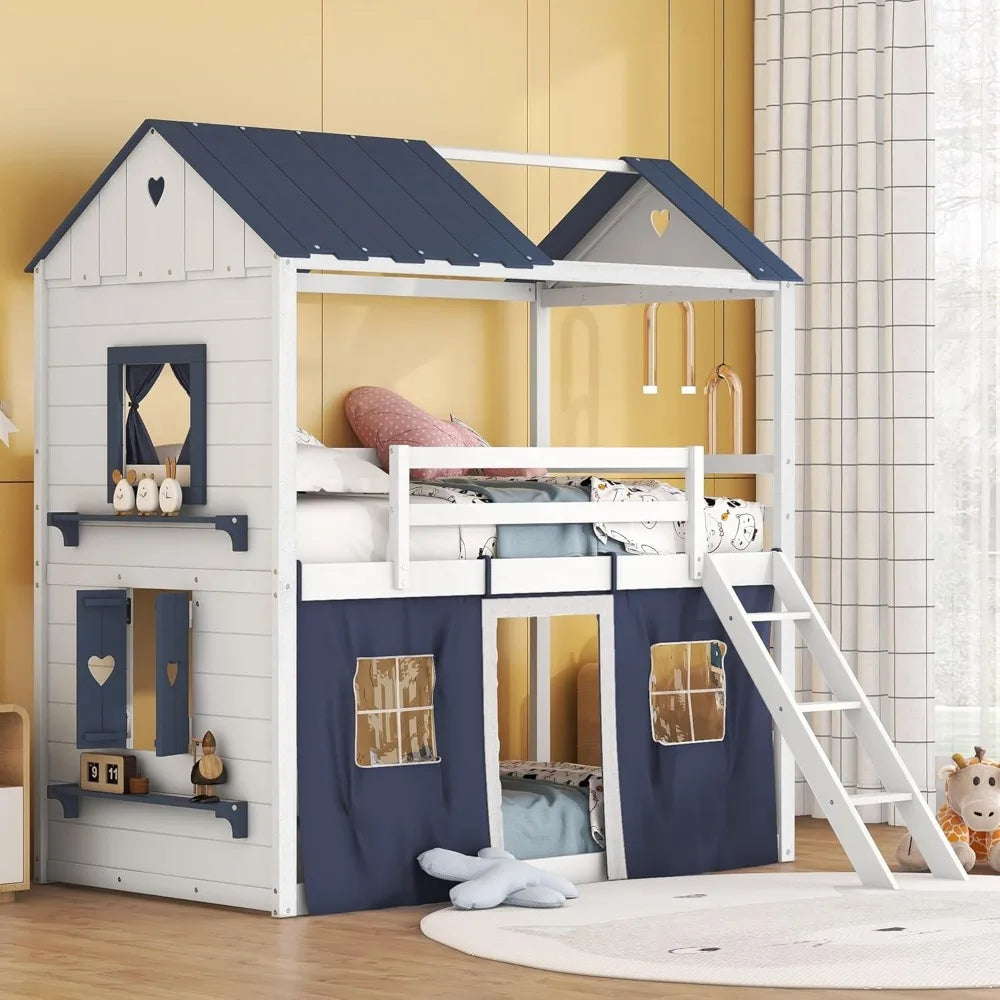 House Twin Loft Bunk Bed with Tent, Kids Twin Loft Bed with Ladders