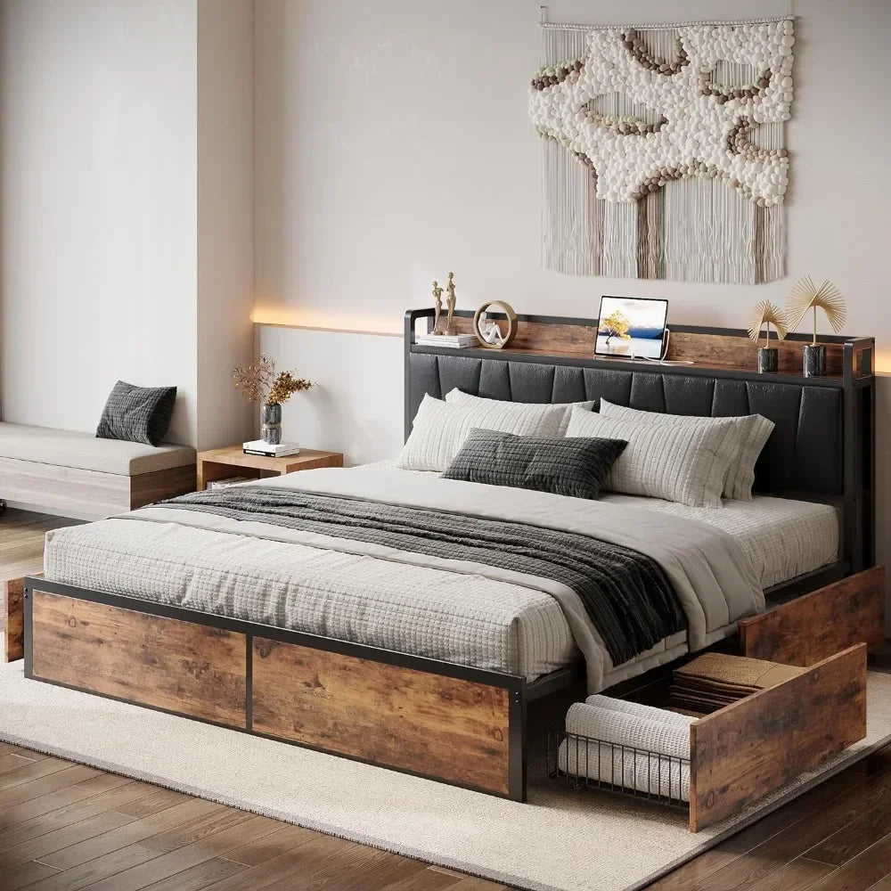 Queen Bed Frame with 4 Storage Drawers, Platform Bed with Charged Headboard, Sturdy and Stable, No Noise, No Box Spring