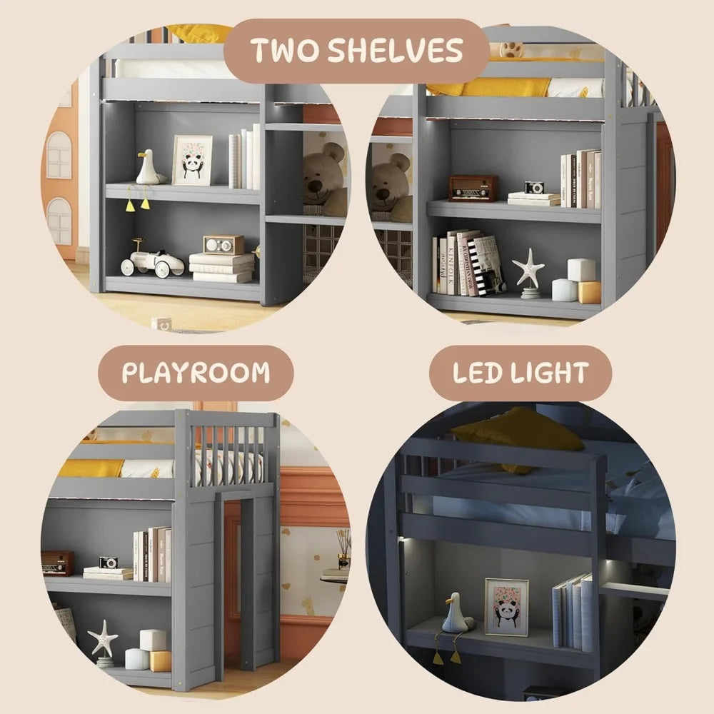 Twin Size Low Loft Bed with Storage Shelves, Wood with LED Light