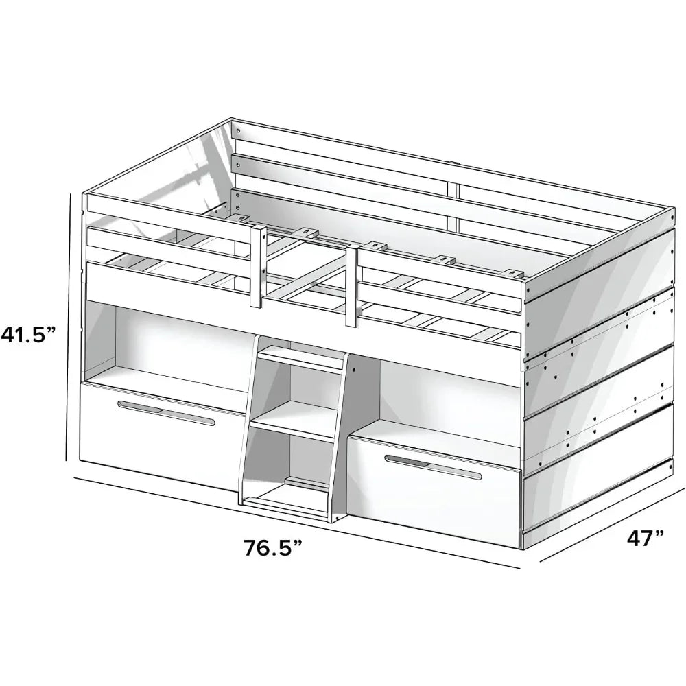 Loft Bed Twin Size, Solid Wood Low Loft Bed with Storage Drawer and Ladder Modern Farmhouse Loft Bed for Kids