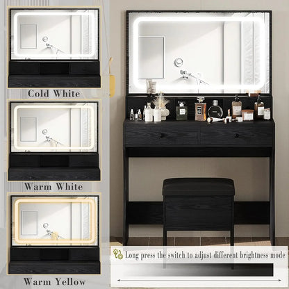 Vanity Desk Set with LED Lighted Mirror & Power Outlet with 4 Drawers and Storage Bench