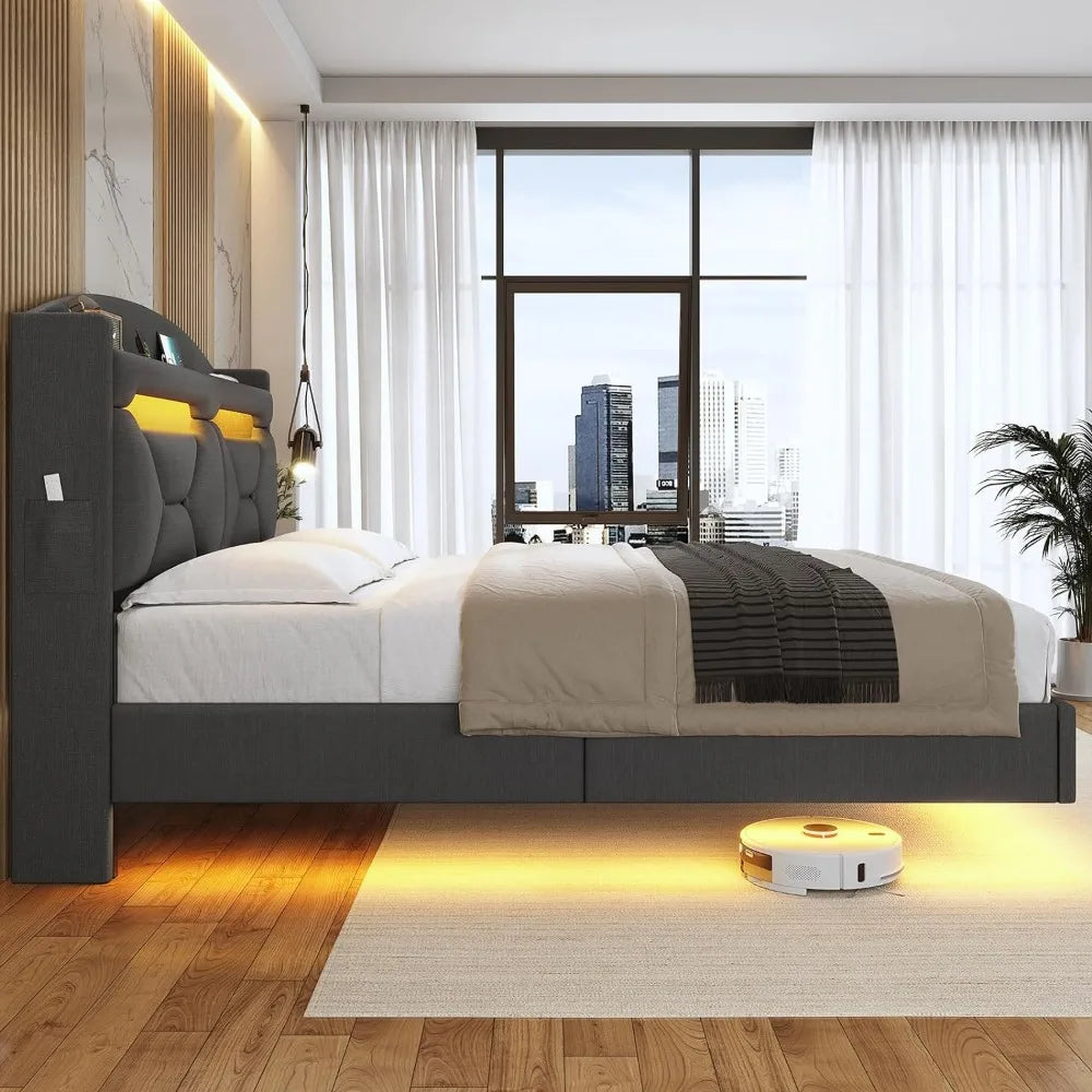 Floating Bed Frame w RGB LED Lights and Charging Station, with Storage Shelf Headboard