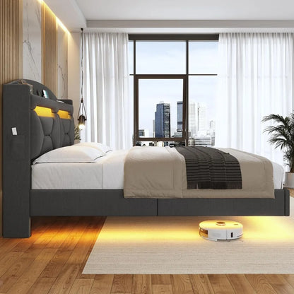 Floating Bed Frame w RGB LED Lights and Charging Station, with Storage Shelf Headboard