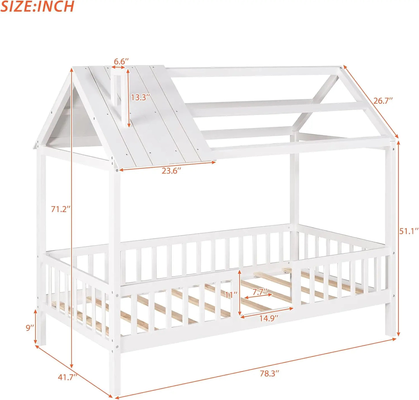 Wood Twin Bed Frame House-Shaped Platform Bed Frame with Roof Windows and Full-Length Safety Rails W