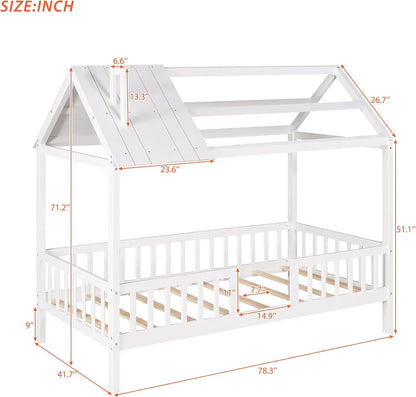 Wood Twin Bed Frame House-Shaped Platform Bed Frame with Roof Windows and Full-Length Safety Rails W