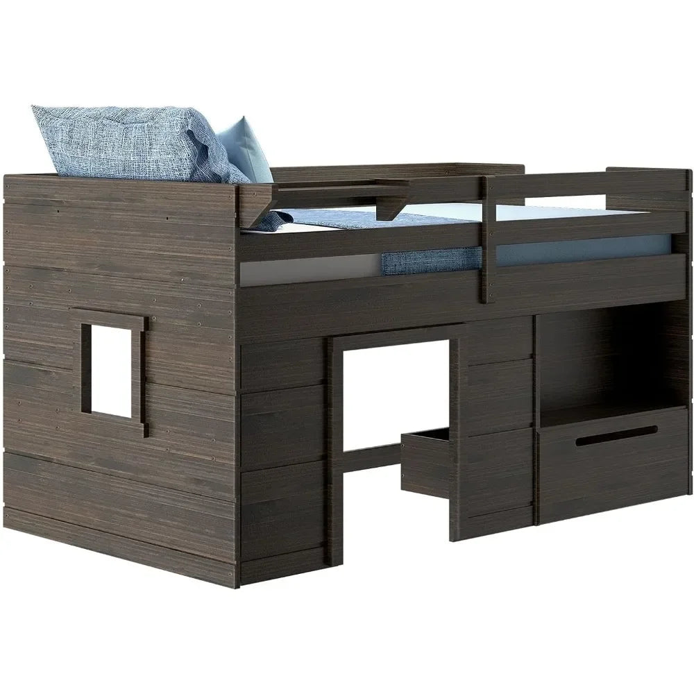 Loft Bed Twin Size, Solid Wood Low Loft Bed with Storage Drawer and Ladder Modern Farmhouse Loft Bed for Kids