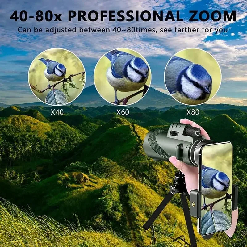 80x100 HD Monocular for Smartphone Adapter & Tripod Telescope with BAK4 Prism