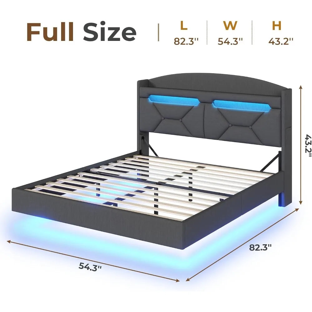 Floating Bed Frame w RGB LED Lights and Charging Station, with Storage Shelf Headboard