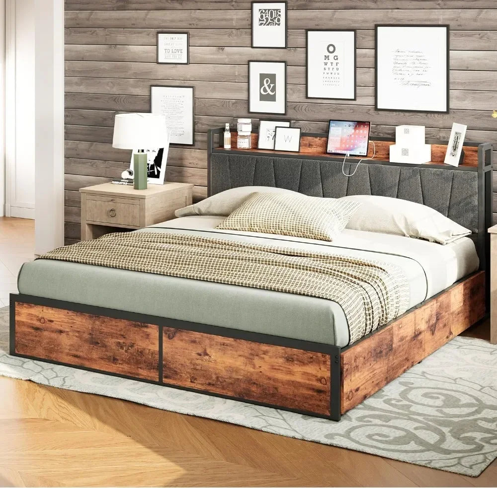 Queen Bed Frame with 4 Storage Drawers, Platform Bed with Charged Headboard, Sturdy and Stable, No Noise, No Box Spring