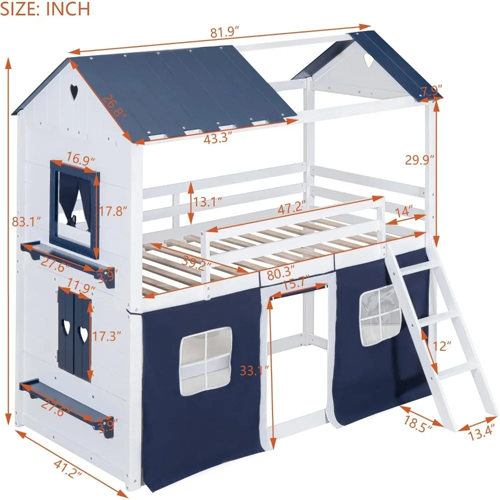 House Twin Loft Bunk Bed with Tent, Kids Twin Loft Bed with Ladders