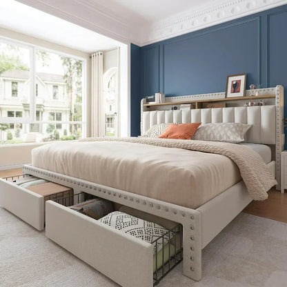 Bed Frame with 2 Drawers, Upholstered Headboard and Storage, NO Noise, No Box Spring Needed