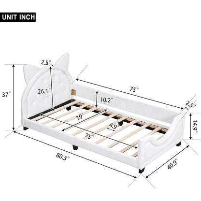 Twin Daybed with Headboard and Footboard, Velvet Kids Daybed Twin Size, Twin Daybed with Rabbit Ears Headboard