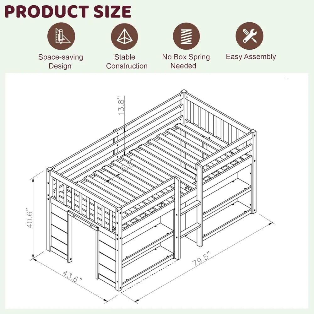 Twin Size Low Loft Bed with Storage Shelves, Wood with LED Light