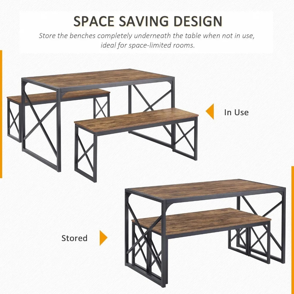 VECELO Kitchen Table with 2 Benches for 6,Wood Dining Room Dinette Sets with Metal Frame