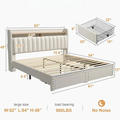 Bed Frame with 2 Drawers, Upholstered Headboard and Storage, NO Noise, No Box Spring Needed