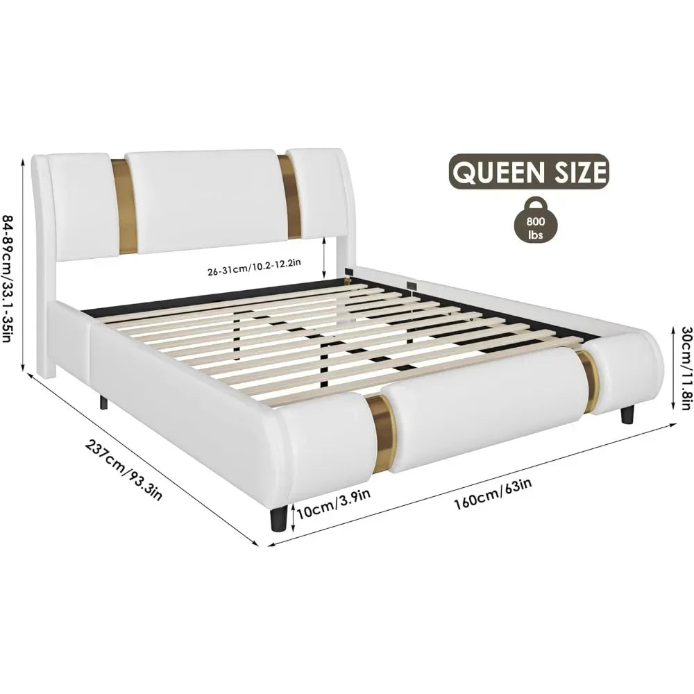 Modern Faux Leather Upholstered Platform Bed Frame with Golden Iron Metal Decor, No Box Spring Needed, Queen Size