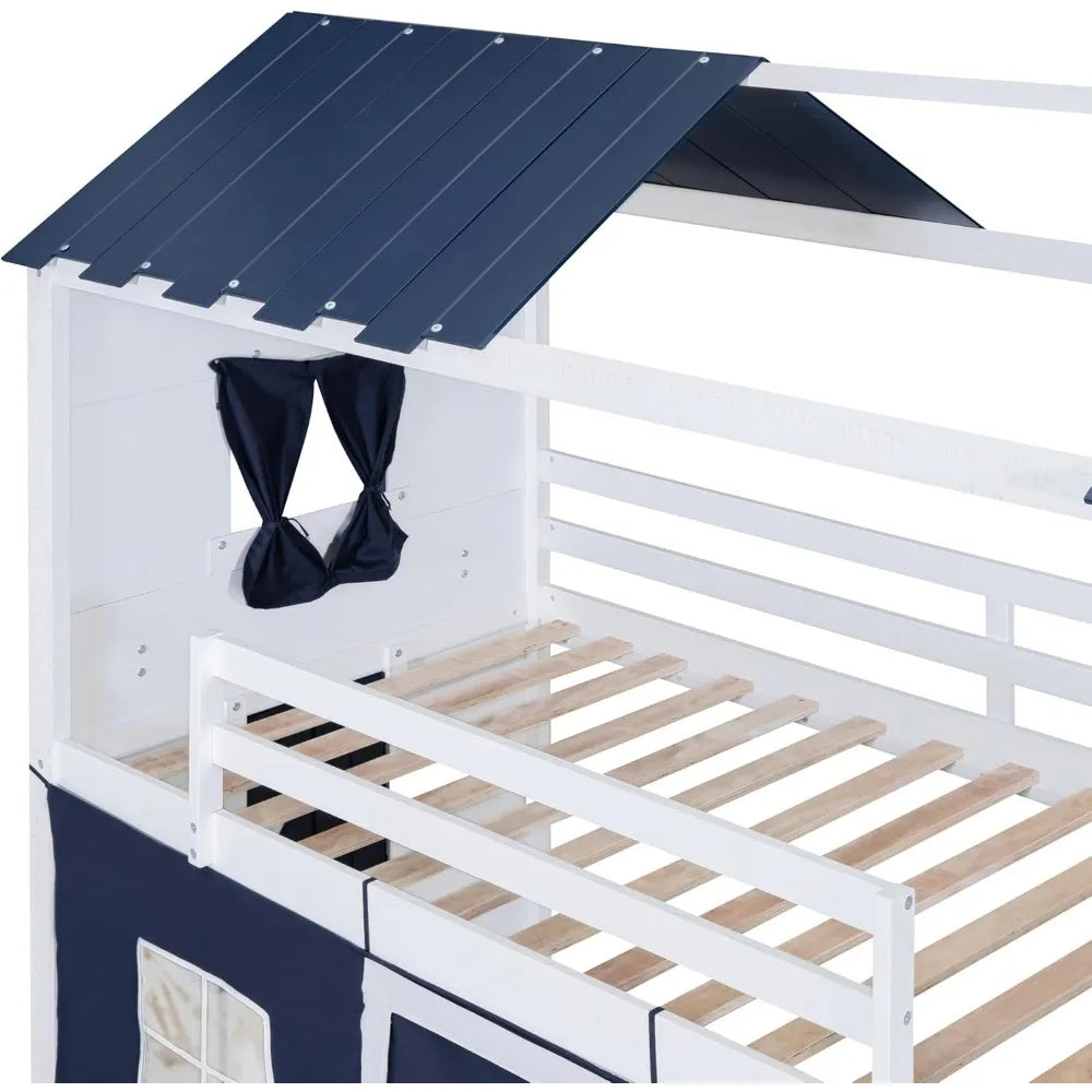 House Twin Loft Bunk Bed with Tent, Kids Twin Loft Bed with Ladders