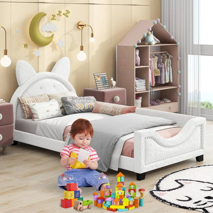 Twin Daybed with Headboard and Footboard, Velvet Kids Daybed Twin Size, Twin Daybed with Rabbit Ears Headboard