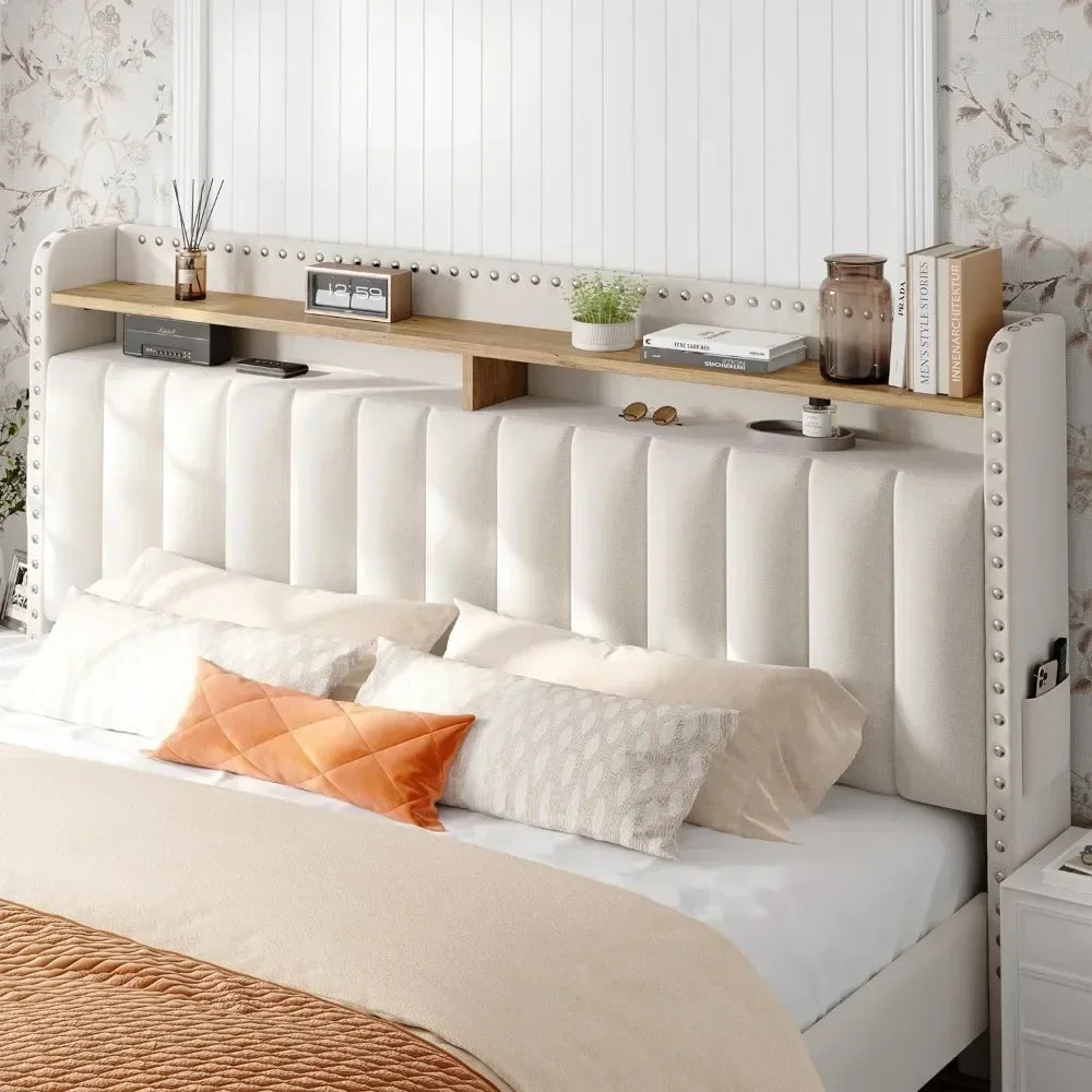 Bed Frame with 2 Drawers, Upholstered Headboard and Storage, NO Noise, No Box Spring Needed