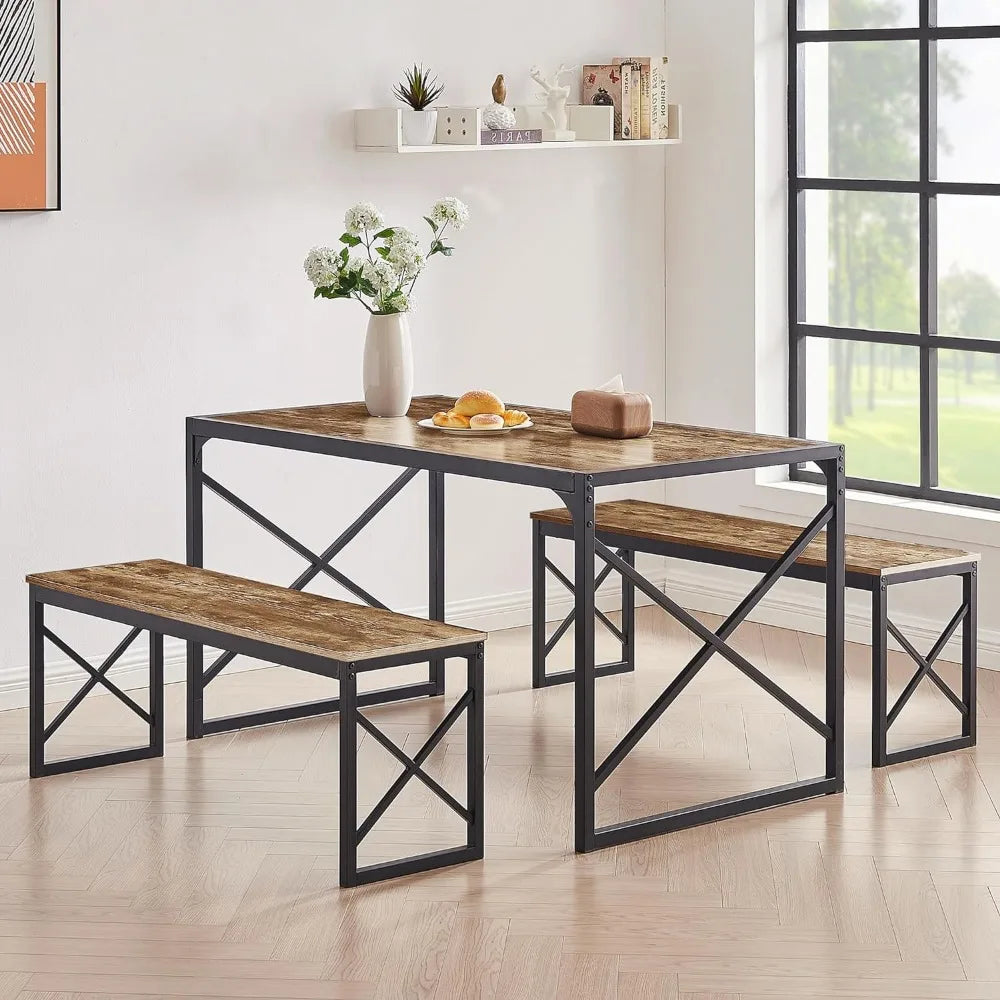 VECELO Kitchen Table with 2 Benches for 6,Wood Dining Room Dinette Sets with Metal Frame