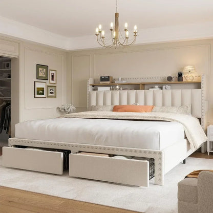 Bed Frame with 2 Drawers, Upholstered Headboard and Storage, NO Noise, No Box Spring Needed