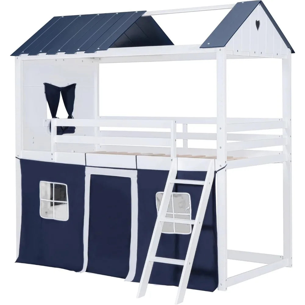 House Twin Loft Bunk Bed with Tent, Kids Twin Loft Bed with Ladders