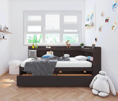 L Shape Captain Bed Frame with Storage Drawers, Wooden Platform Bed with Bookcase Headboard