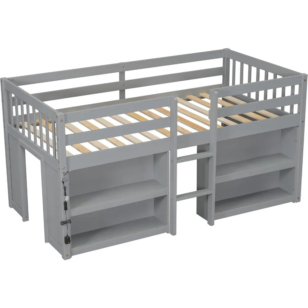 Twin Size Low Loft Bed with Storage Shelves, Wood with LED Light