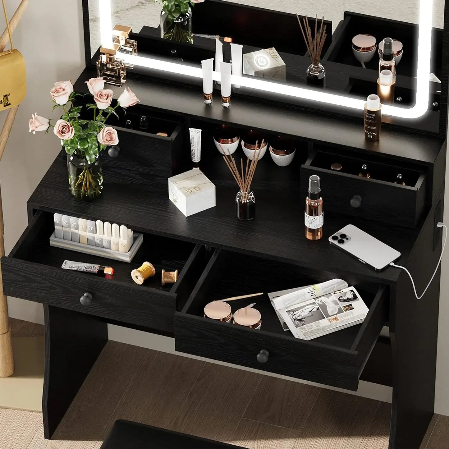 Vanity Desk Set with LED Lighted Mirror & Power Outlet with 4 Drawers and Storage Bench