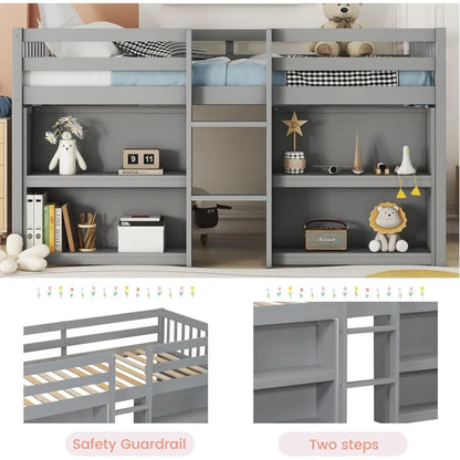 Twin Size Low Loft Bed with Storage Shelves, Wood with LED Light