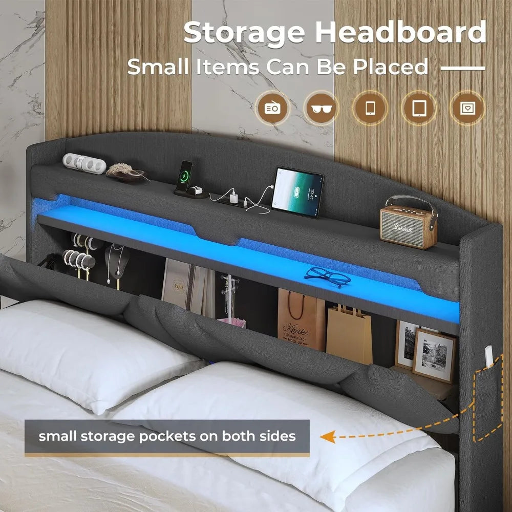 Floating Bed Frame w RGB LED Lights and Charging Station, with Storage Shelf Headboard