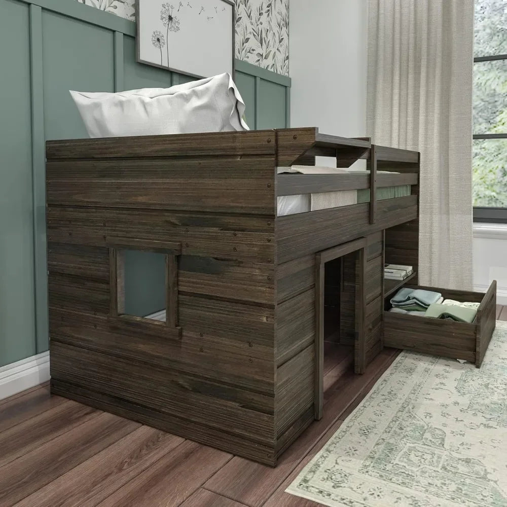 Loft Bed Twin Size, Solid Wood Low Loft Bed with Storage Drawer and Ladder Modern Farmhouse Loft Bed for Kids