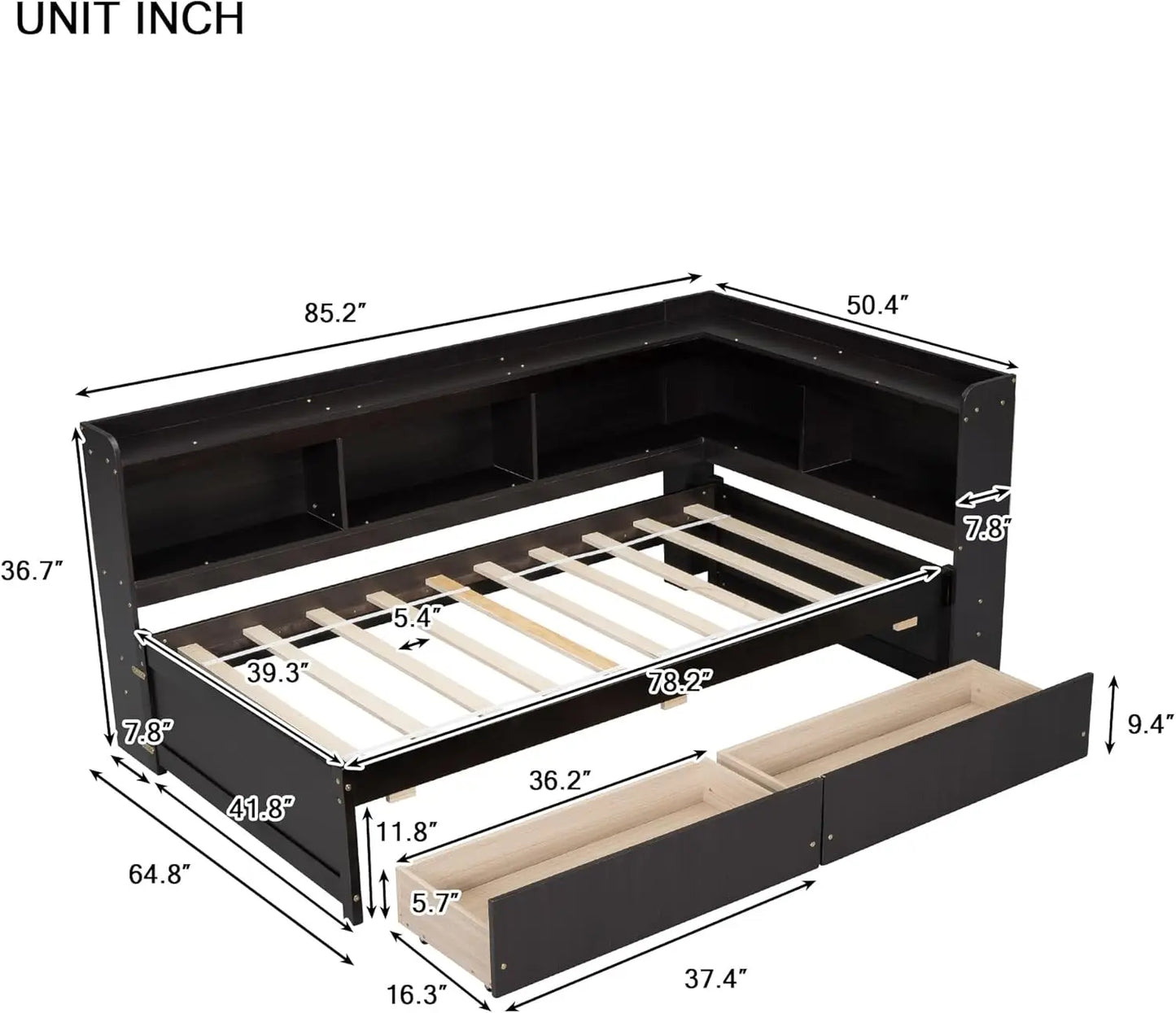 L Shape Captain Bed Frame with Storage Drawers, Wooden Platform Bed with Bookcase Headboard