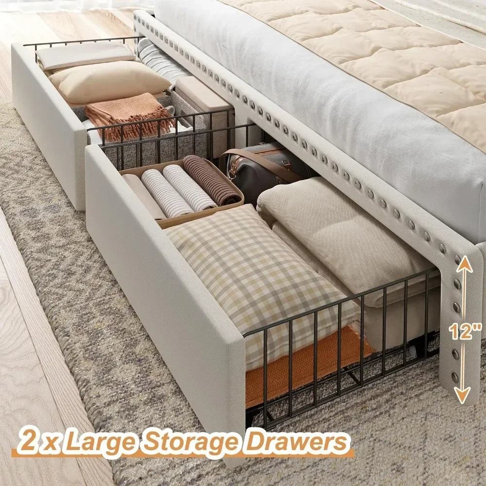 Bed Frame with 2 Drawers, Upholstered Headboard and Storage, NO Noise, No Box Spring Needed