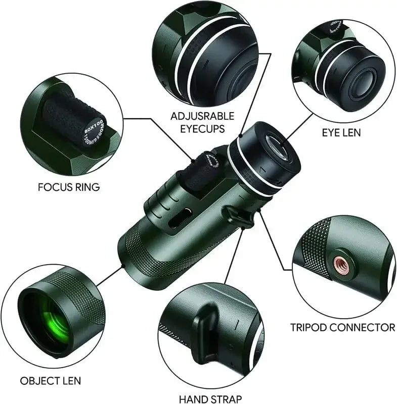 80x100 HD Monocular for Smartphone Adapter & Tripod Telescope with BAK4 Prism