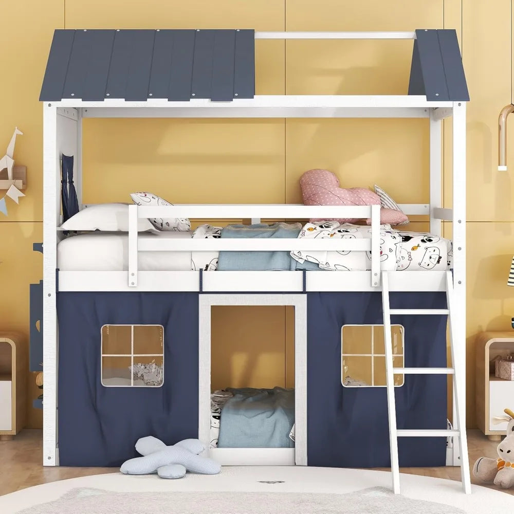 House Twin Loft Bunk Bed with Tent, Kids Twin Loft Bed with Ladders