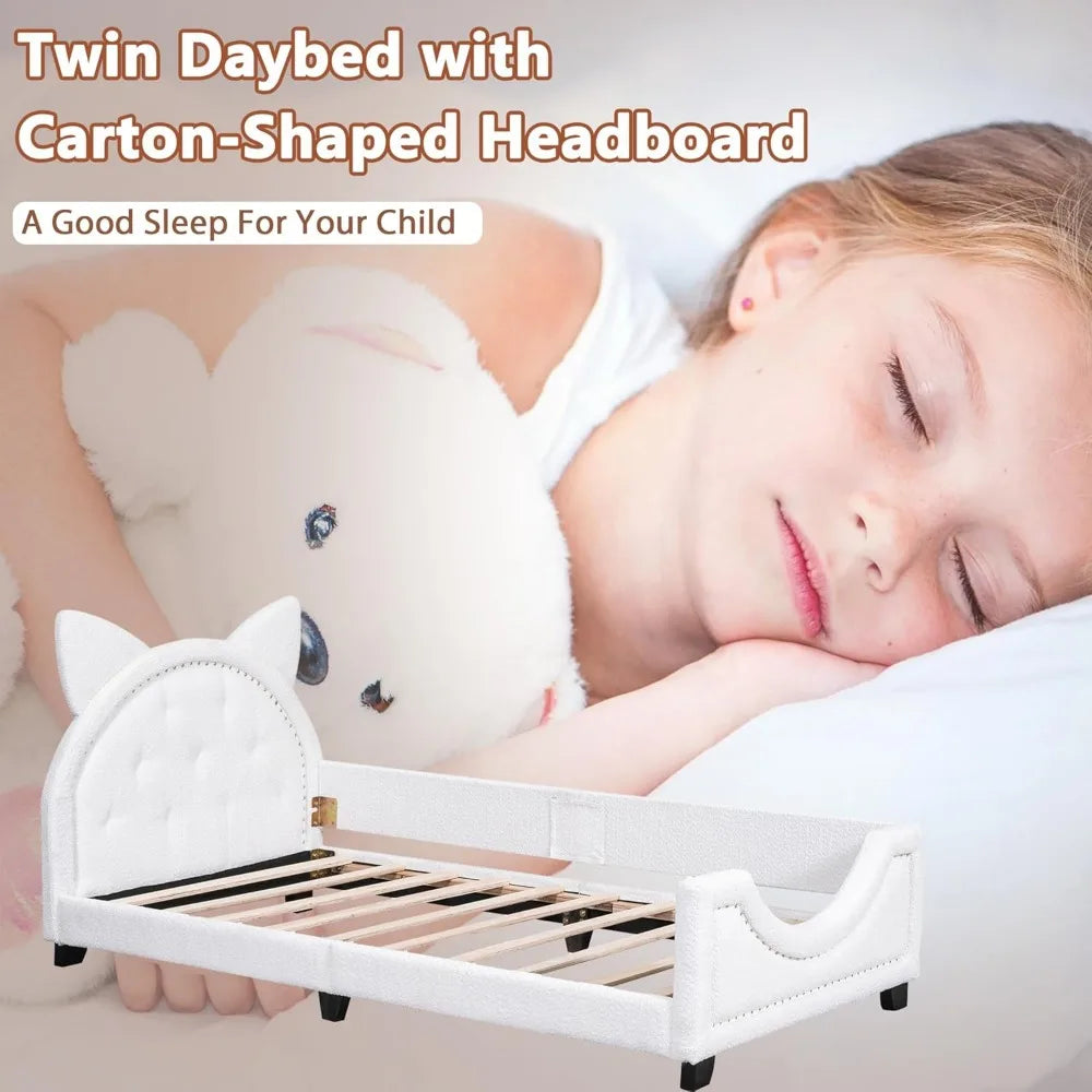 Twin Daybed with Headboard and Footboard, Velvet Kids Daybed Twin Size, Twin Daybed with Rabbit Ears Headboard