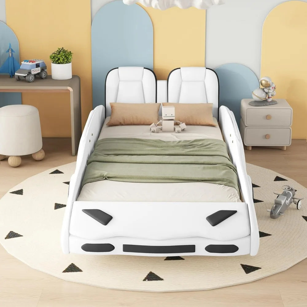 Twin Size Race Car Bed for Kids, Cool Car Bed Frame with Wheels