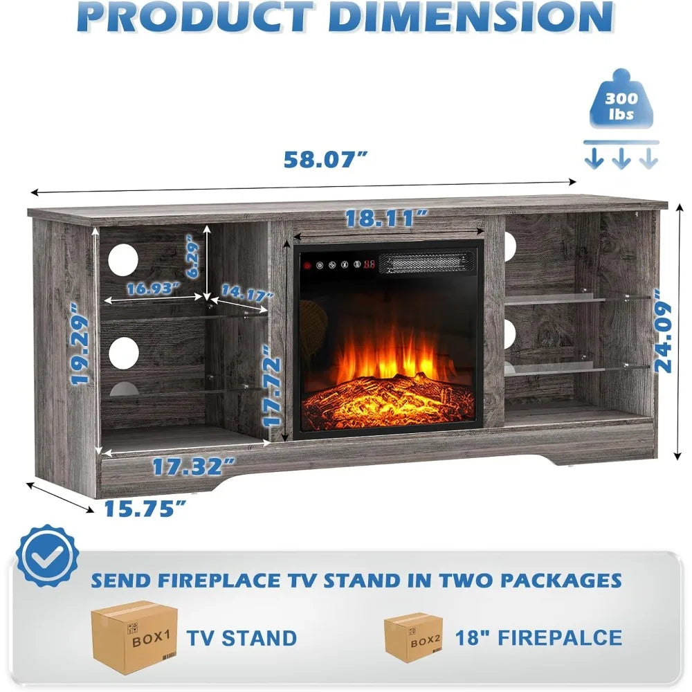 Fireplace TV Stand with Fireplace, Modern Entertainment Center for TVs up to 68 inch, Media TV Console  Farmhouse TV Stand