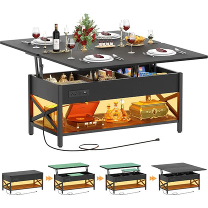 Multi-Function Coffee Table Converts to Dining Table Center Table with Shelves