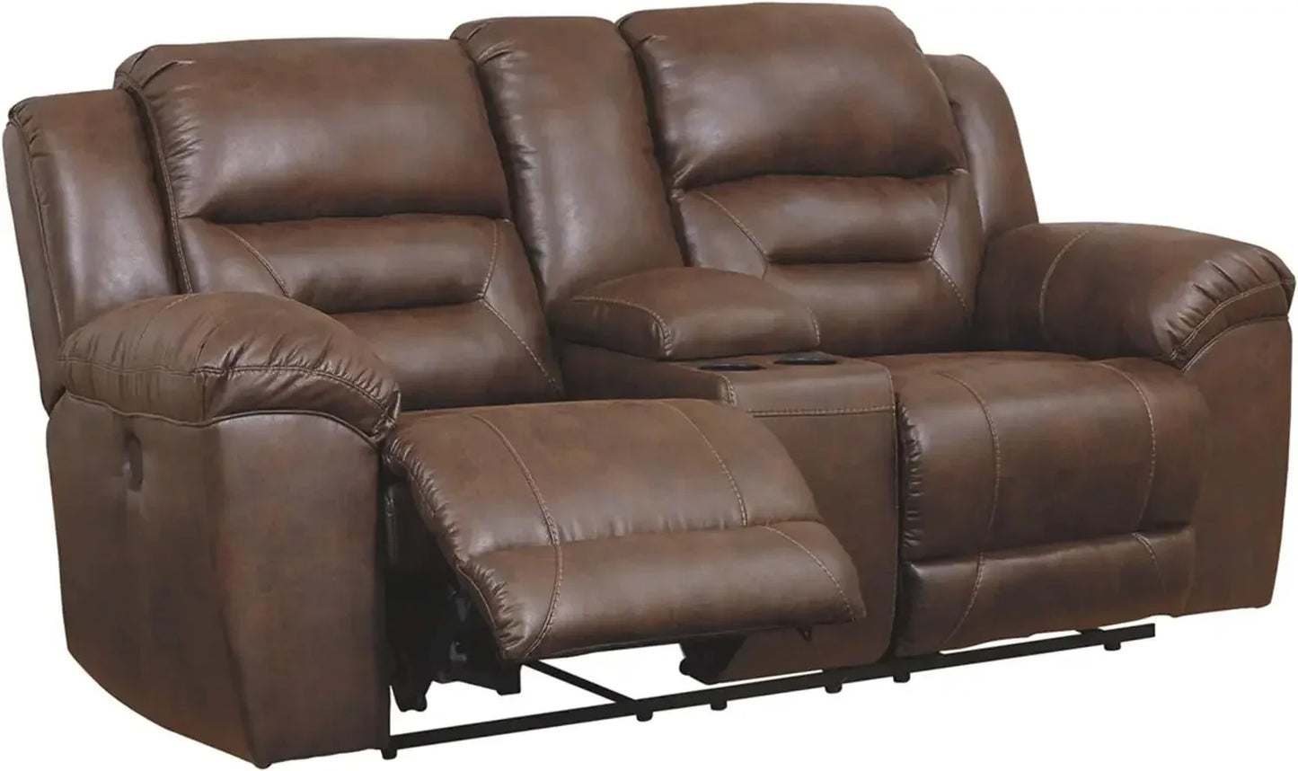 Signature Design by Ashley Stoneland Faux Leather Manual Double Reclining Loveseat with Center Console