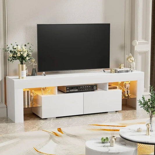 Modern LED TV Stand for Televisions up to 70 Inch with Glass Shelves and Drawer Entertainment Center