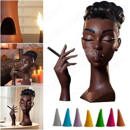 Head Incense Burner Black Women Face Handmade Incense Stick Holder Statue