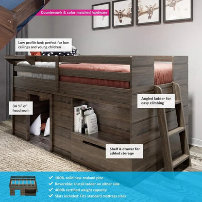 Loft Bed Twin Size, Solid Wood Low Loft Bed with Storage Drawer and Ladder Modern Farmhouse Loft Bed for Kids