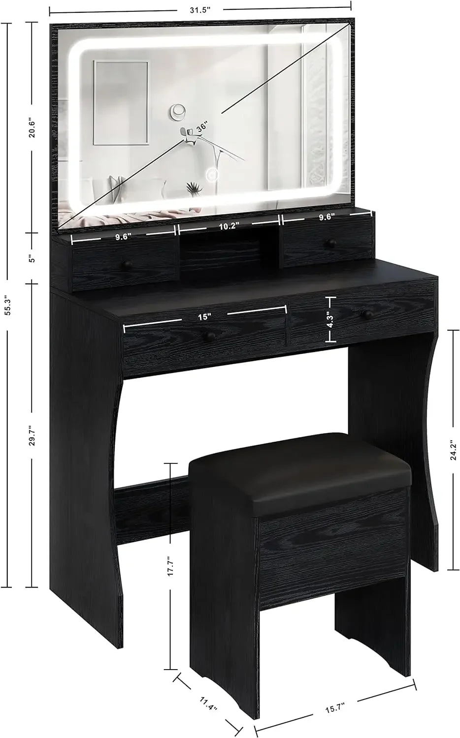 Vanity Desk Set with LED Lighted Mirror & Power Outlet with 4 Drawers and Storage Bench