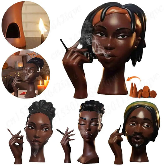 Head Incense Burner Black Women Face Handmade Incense Stick Holder Statue